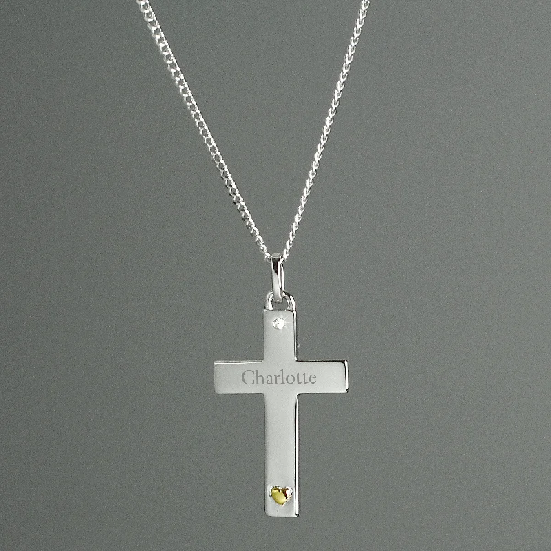 Best necklaces and pendants with infinity hearts for a romantic, eternal symbol-Personalised Sterling Silver Cross with 9ct Gold Heart & CZ Necklace