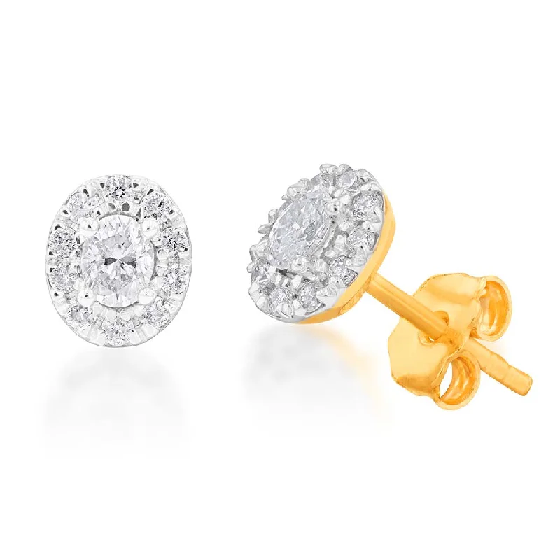 Rings with lotus flower engravings for peace -10ct 25pt Diamond Stud Earrings with Oval Centre Diamond and Halo