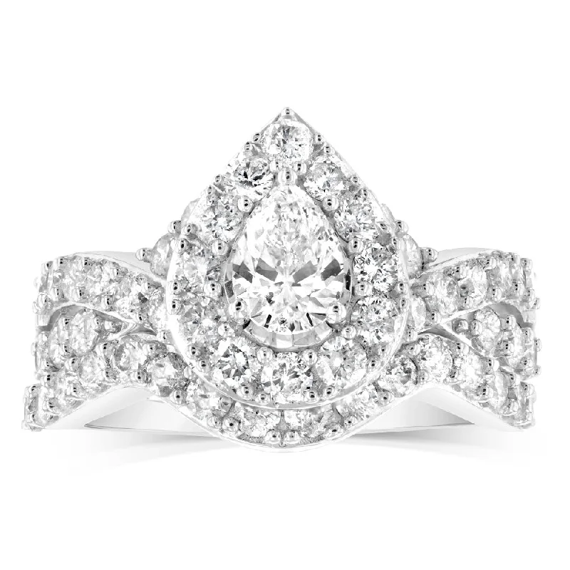 Rings with pave-set gemstones for brilliance -14ct White Gold 1.95 Carat Diamond Bridal 2 Ring set with Pear Centre Diamond Surrounded by Brilliant Cut Diamond Halo