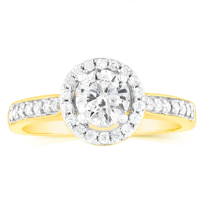 Dainty rings with subtle engraved star motifs -14ct Yellow Gold 1 Carat Brilliant Cut Diamond Halo Solitaire Ring with Diamonds on Shank