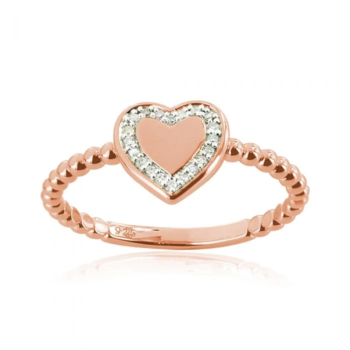 Rings with oxidized bands for vintage edge -9ct Rose Gold Diamond Heart Signet Ring with 20 Brilliant Diamonds