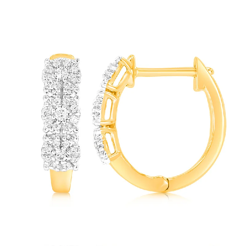 Rings with raw garnet stones for texture -9ct Yellow Gold 1/10 Carat Diamond Hoop Earrings set with 54 Round Brilliant Cut Diamonds