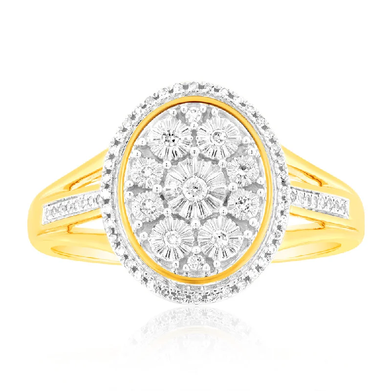 Rings with black diamond for striking contrast -9ct Yellow Gold 1/10 Carat Diamond Ring set with 64 Round Brilliant Cut Diamonds