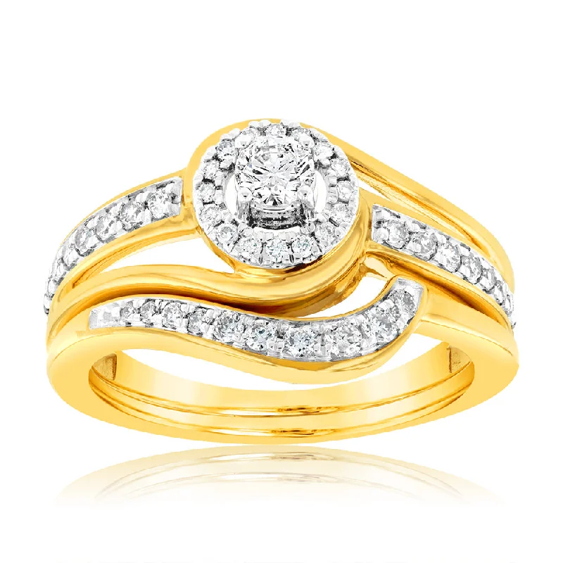 Rings with black diamond for striking contrast -9ct Yellow Gold 1/2 Carat Diamond Bridal Set Ring with Halo Setting