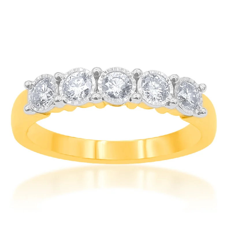 Rings with etched floral bands for detail -9ct Yellow Gold 1/2 Carat Diamond Ring With 5 Brilliant Diamonds