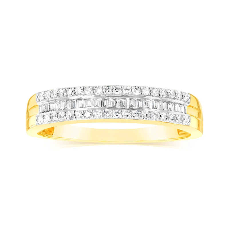 Rings with etched floral bands for detail -9ct Yellow Gold 1/3 Carat Diamond Ring with Channel Set Baguettes and Claw Set Round Brilliant Side Diamonds