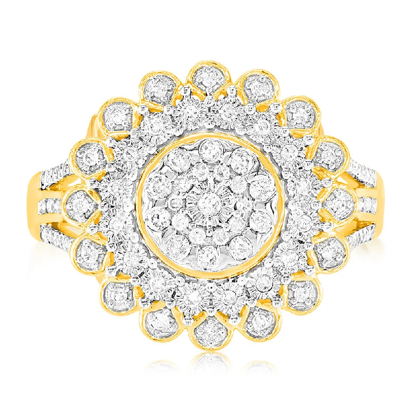 Rings with coral stones for vibrant pop -9ct Yellow Gold 1/4 Carat Diamond Ring with 91 Round Brilliant Cut Diamonds in Disc Setting