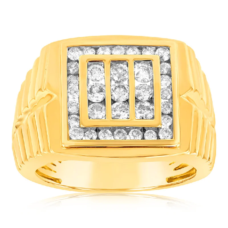 Rings with double bands for modern twist -9ct Yellow Gold 1 Carat Mens Diamond Ring with 33 Brilliant Diamonds