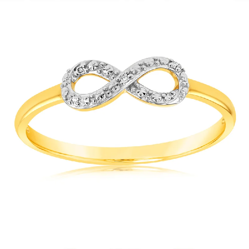 Rings with pave-set gemstones for brilliance -9ct Yellow Gold Diamond Infinity Ring with 4 Brilliant Diamonds