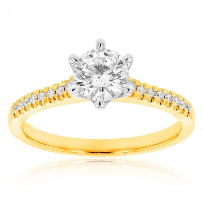 Rings with crescent moon for lunar charm -18ct Yellow Gold 3/4 Carat Diamond Solitaire Ring with 0.70 Carat Centre Diamond and 16 Shoulder Diamonds