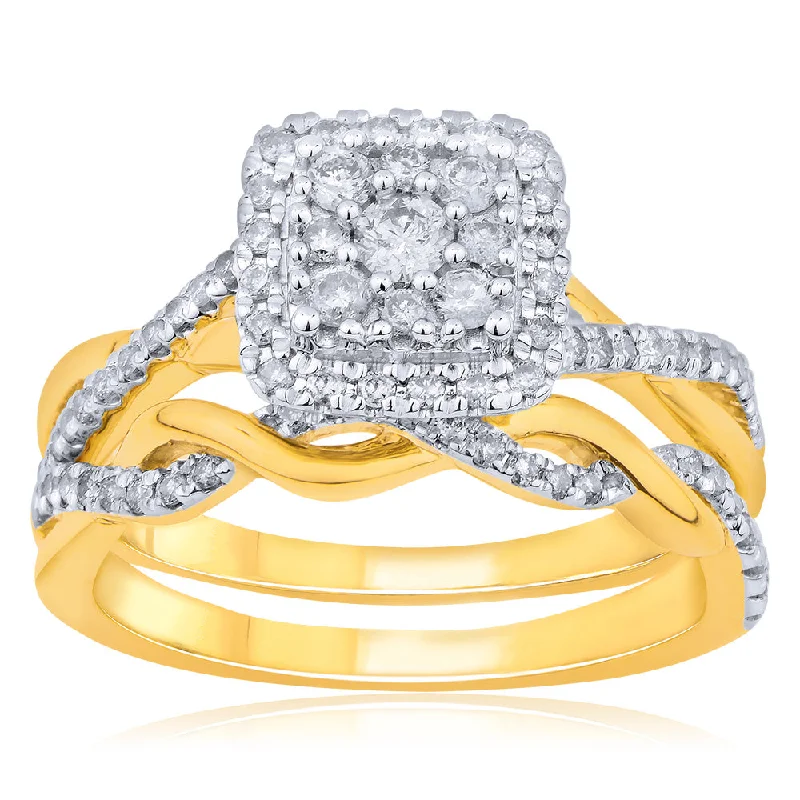 Rings with hexagon-cut stones for trendiness -9ct Yellow Gold 1/2 Carat Diamond Bridal 2-Ring Set with Cushion Shape Cluster