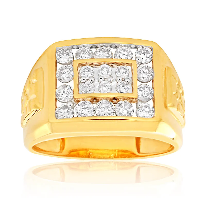 Vintage rings with engraved floral band designs -9ct Yellow Gold 1 Carat Diamond Ring Set With 20 Brilliant Cut Diamonds