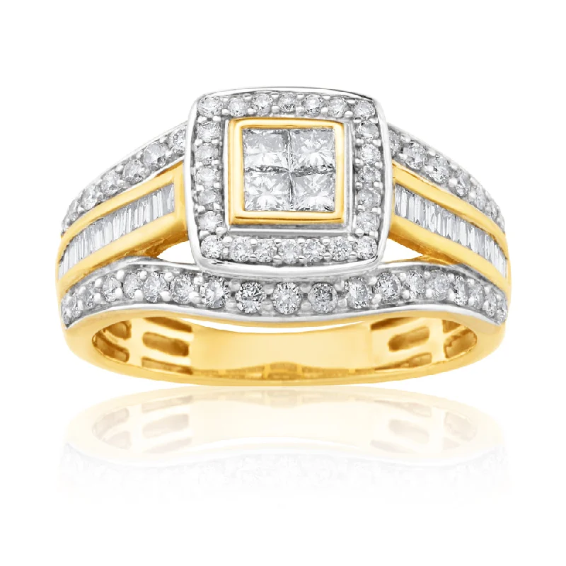 Platinum rings with sparkling sapphire center stones -9ct Yellow Gold 1 Carat Diamond Ring Set With 86  Diamonds