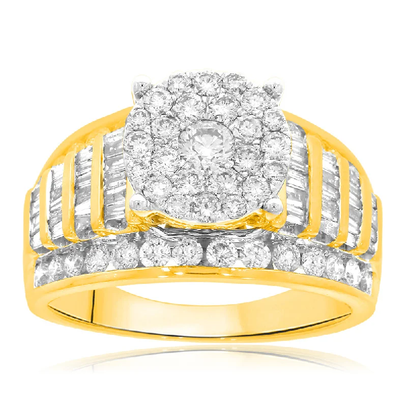 Rings with vine-wrapped bands for nature -9ct Yellow Gold 2 Carat Diamond Ring set with 53 Brilliant and 44 Taperd Diamonds