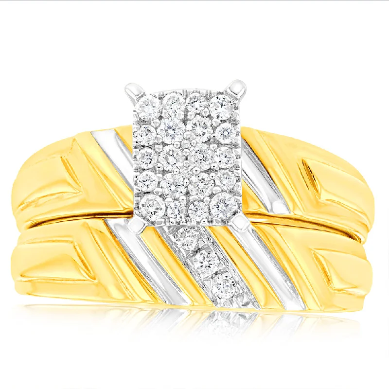 Rings with mandala engravings for spiritual vibe -9ct Yellow Gold 2-Ring Diamond Bridal set with 0.20 Carat of Diamonds