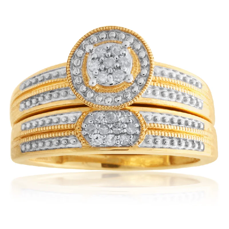 Rings with black diamond for striking contrast -9ct Yellow Gold 2-Ring Diamond Bridal set with 17 Diamonds