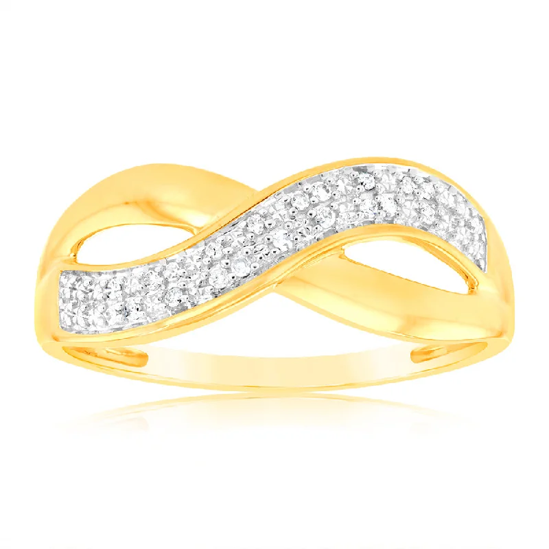 Rings with wide bands for statement wear -9ct Yellow Gold Diamond Cross Over Ring with 20 Briliiant Diamonds