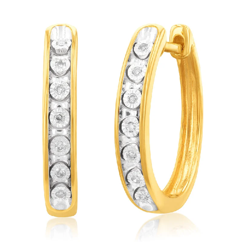 Vintage rings with engraved floral band designs -9ct Yellow Gold Diamond Hoop Earrings with 14 Brilliant Cut Diamonds