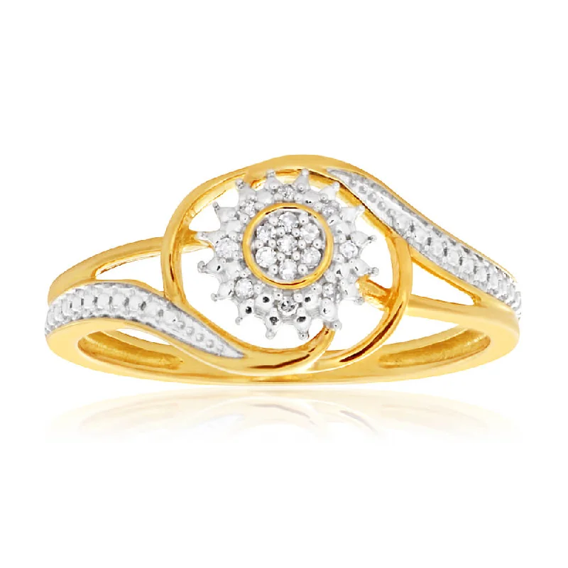 Rings with spiral ruby for bold twist -9ct Yellow Gold Diamond Ring Set with 15 Stunning Brilliant Diamonds