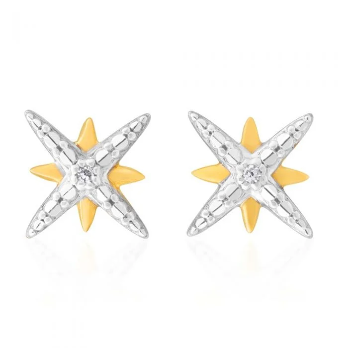 Rings with vintage-inspired rose-cut diamonds -9ct Yellow Gold Diamond Starburst Stud Earrings with 2 Brilliant Diamonds