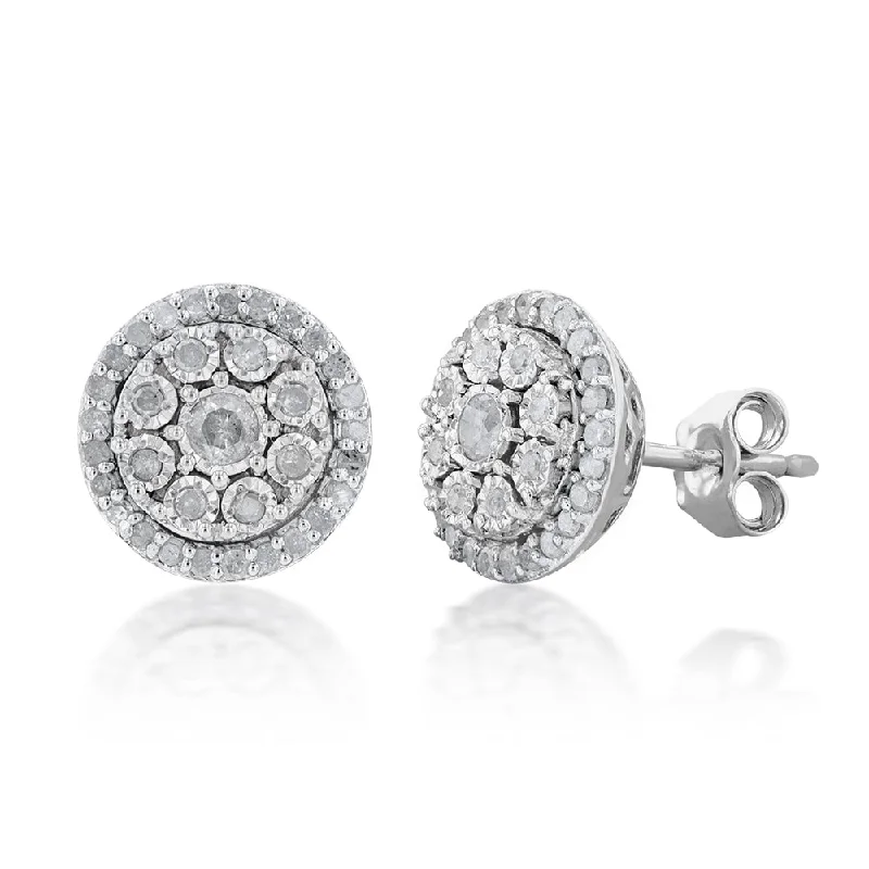 Rings with polished onyx for sleek contrast -Silver 1/2 Carat Stud Diamond Earrings with 68 Brilliant Diamonds