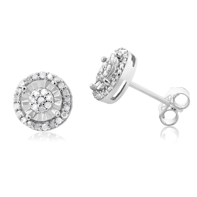 Rings with floral halo diamond arrangements -Sterling Silver 1/4 Carat Diamond Stud Earrings set with 18 Brilliant Diamonds