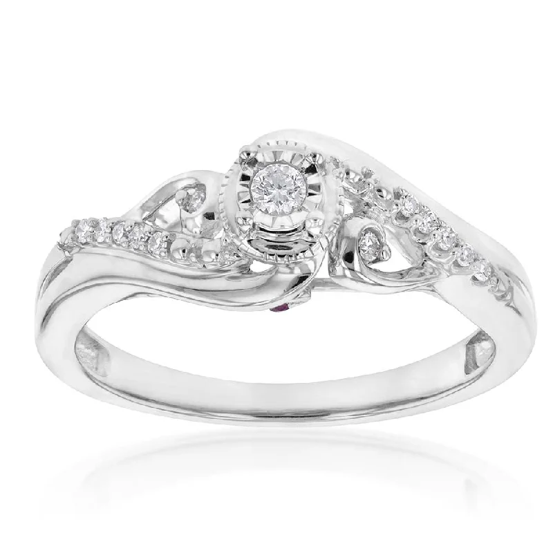 Rings with vintage-inspired rose-cut diamonds -Sterling Silver Diamond Ring with 11 Diamonds and  Pink Sapphire Accents