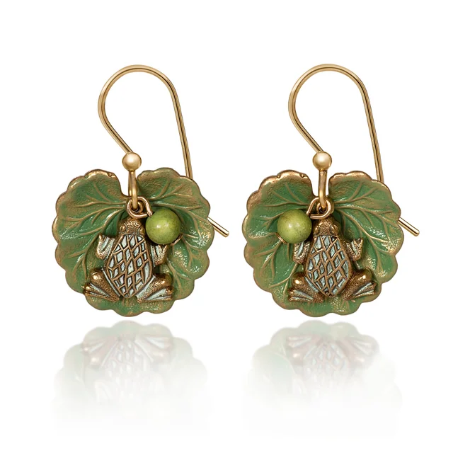 Layered necklaces and pendants for a trendy and fashionable stacked look-Silver Forest Earrings Green Frog on Leaf with Bead Gold Drop