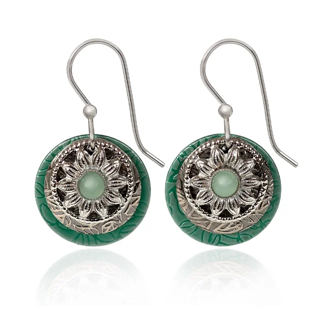 Unique necklaces and pendants with vintage-inspired designs for timeless appeal-Silver Forest Earrings Green Round Layers with Flower