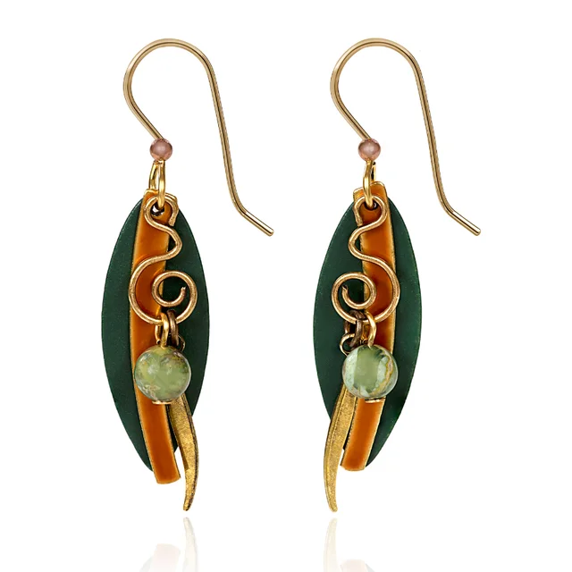 Trendy necklaces and pendants with geometric shapes for a modern aesthetic-Silver Forest Earrings Layered Long Shapes with Gold Coil and Green Bead