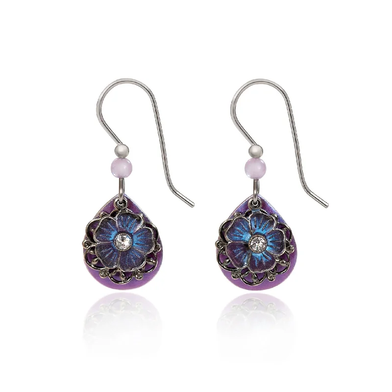 Trendy necklaces and pendants with statement pieces for a bold fashion statement-Silver Forest Purple Tear with Flower and Silver Filigree Earrings