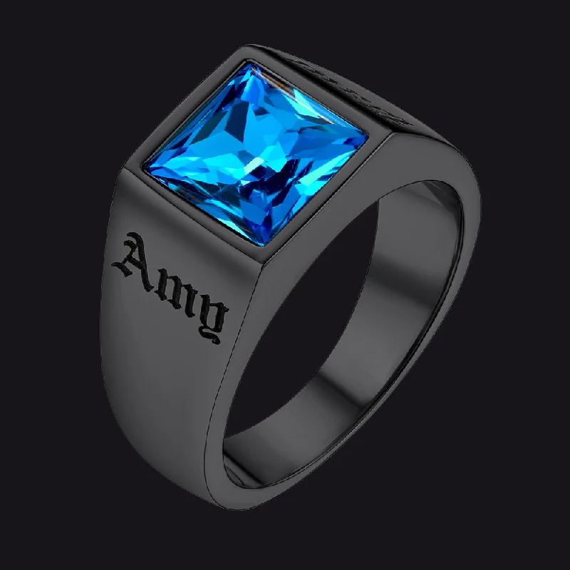 Titanium rings with rugged brushed metal look -Custom Signet Ring with Blue Topaz For Men