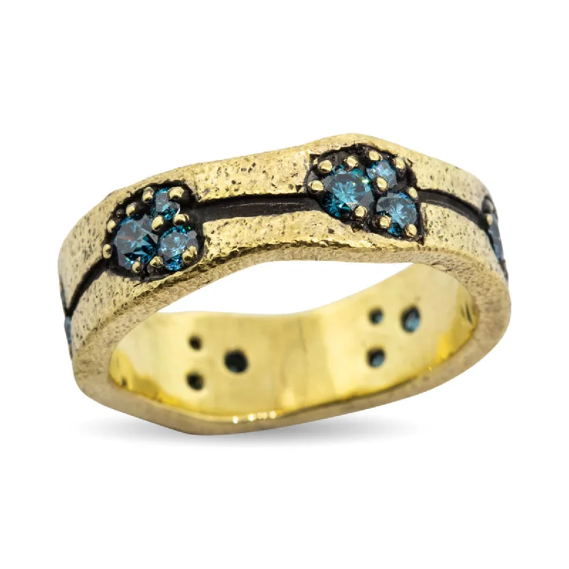 Gold rings with intricate celtic knot patterns -Custom Wavy Edges Dew Pond Ring with blue diamonds