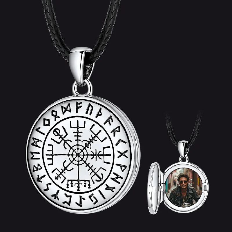 Beautiful necklaces and pendants with tree branch motifs for a nature-inspired design-Personalized Photo Locket Necklace with Viking Compass for Men