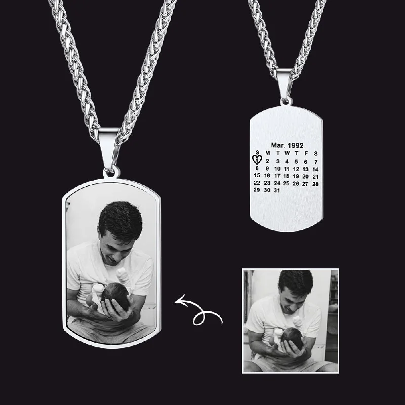 Best necklaces and pendants with matching rings for a coordinated jewelry set-Customized Picture Dog Tag Necklace with Calendar Memorial Gift for Men