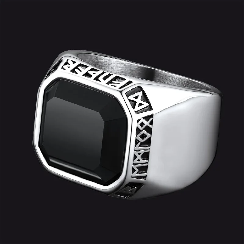 Stackable rings with mixed metal finishes -Customized Black Onyx Ring with Viking Runes for Men