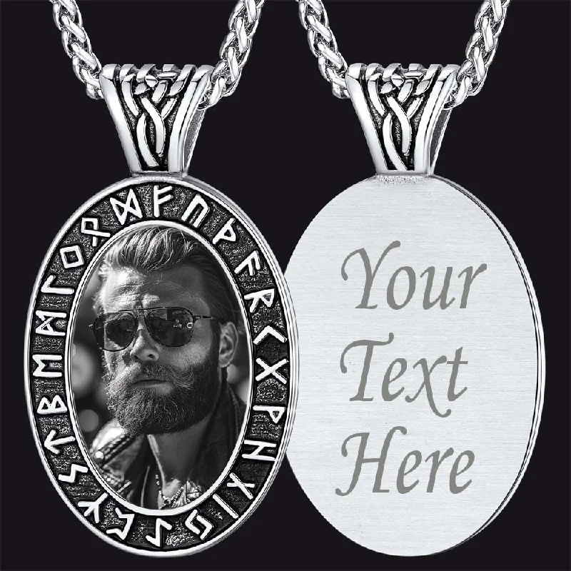 Beautiful necklaces and pendants with diamond halo settings for extra brilliance-Customized Engraved Picture Necklace with Viking Runes