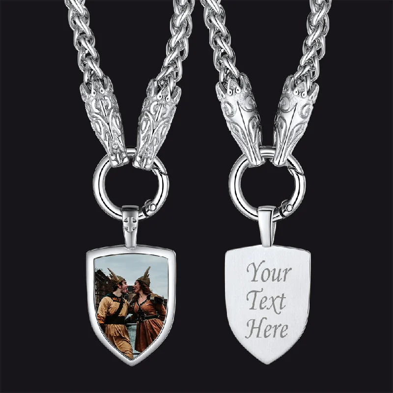 Necklaces and pendants with engraved messages for a deeply personal, sentimental gift-Customized Shield Picture Necklace with Wolf Chain for Men