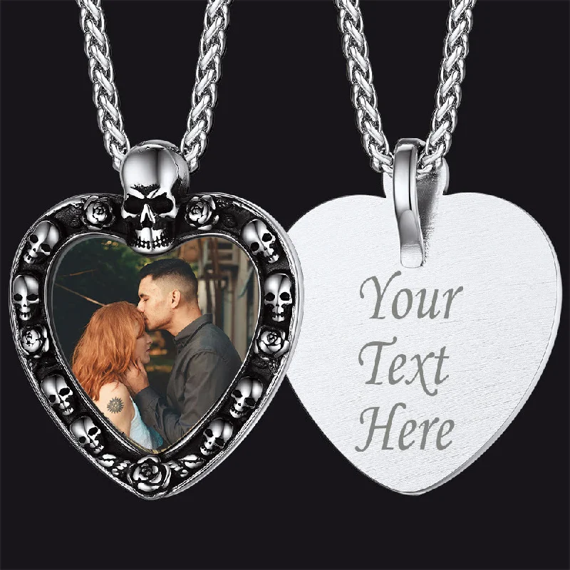 Best necklaces and pendants with silver chains for a sleek, timeless look-Customized Heart Photo Necklace with Skull for Men Women