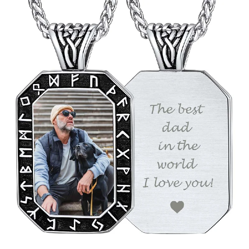 Necklaces and pendants with leaf-shaped designs for an earthy, organic feel-Engraved Custom Photo Dog Tag Necklace with Viking Runes for Men