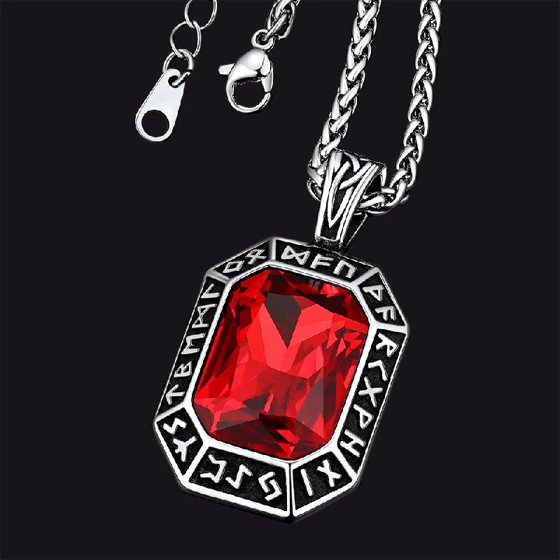 Unique necklaces and pendants with custom birthstone arrangements for personalization-Engraved Gemstone Dog Tag Necklace with Viking Runes For Men