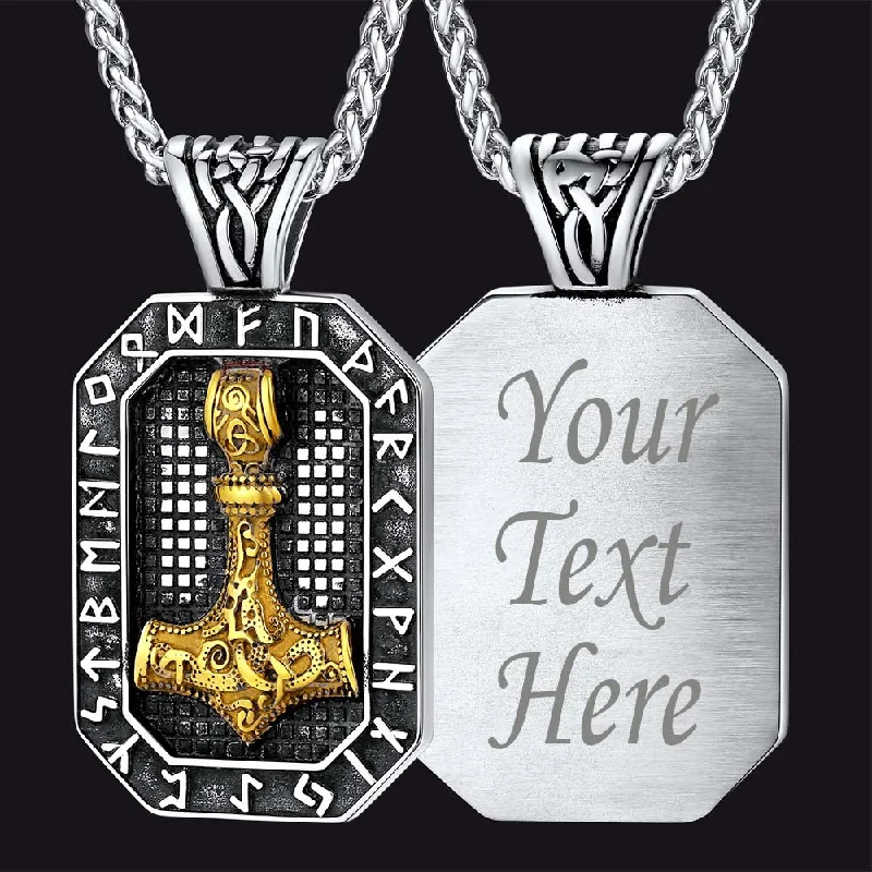 Best necklaces and pendants with adjustable chains for a customizable fit-Engraved Thor's Hammer Dog Tag Necklace with Viking Runes