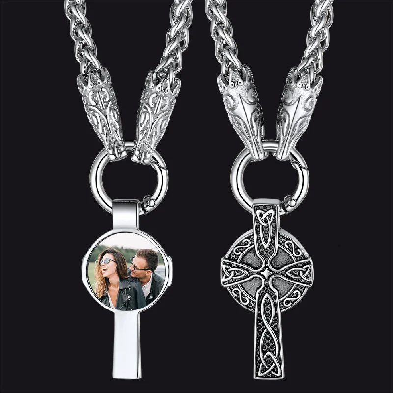 Best necklaces and pendants with intertwined designs for a symbol of unity-Personalized Celtic Cross Picture Necklace with Wolf King Chain