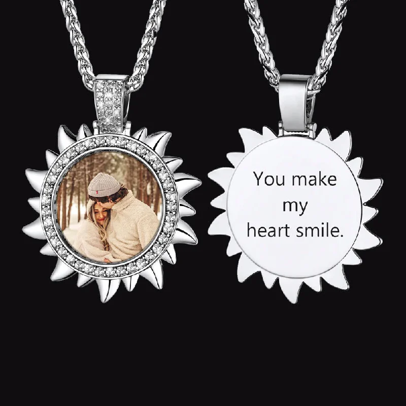 Necklaces and pendants with geometric pendants for a clean, contemporary design-Customized CZ Sun Photo Necklace with Picture