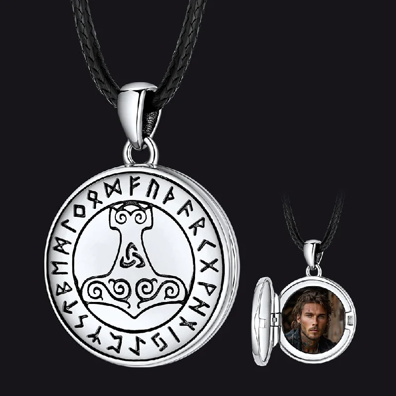 Beautiful necklaces and pendants with moon and star charms for a dreamy effect-Customized Viking Thor's Hammer Photo Locket Necklace with Runes for Men