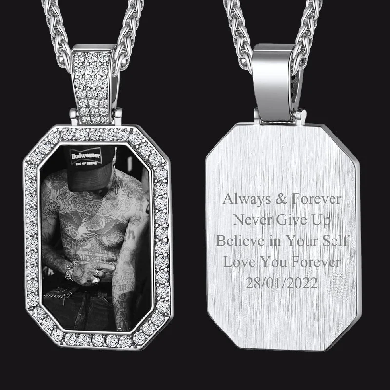 Necklaces and pendants with lock and key designs for a symbolic gesture-Personalied Memorial Picture Dog Tag Necklace with Zirconia for Men