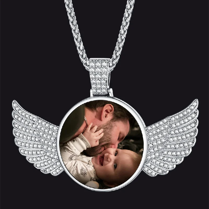 Unique necklaces and pendants with artistic shapes for a creative, one-of-a-kind design-Personalized Angel Wing Picture Necklace with Cubic Zirconia Memorial Gift