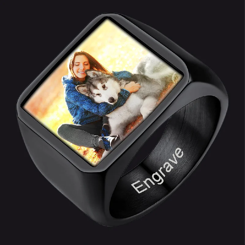 Simple rings with polished black onyx shine -Custom Square Signet Ring With Photo for Men