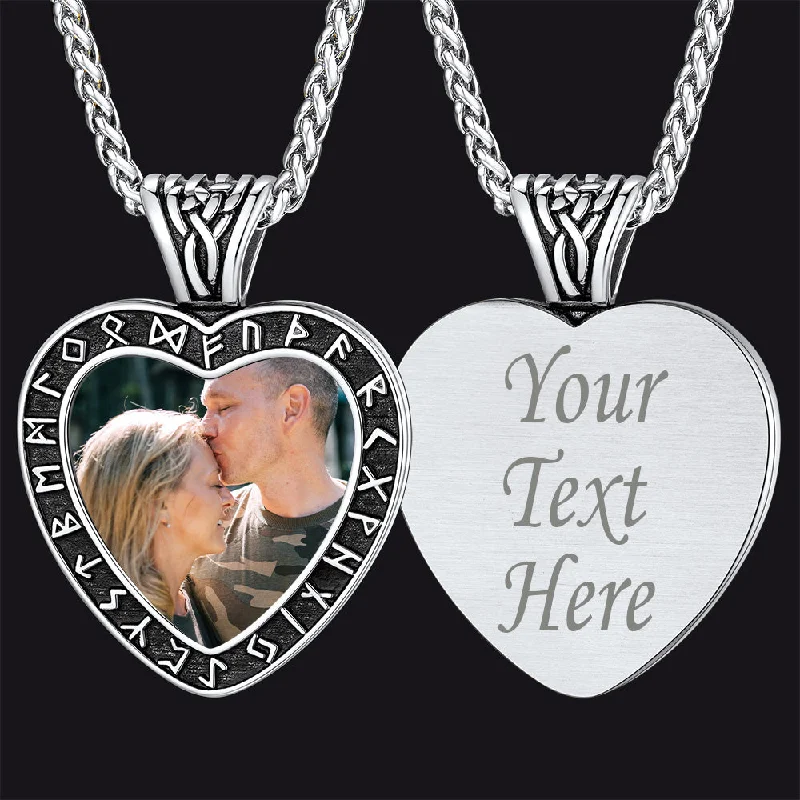 Beautiful necklaces and pendants with geometric shapes for a modern, artistic design-Custom Engraved Photo Heart Necklace with Viking Rune