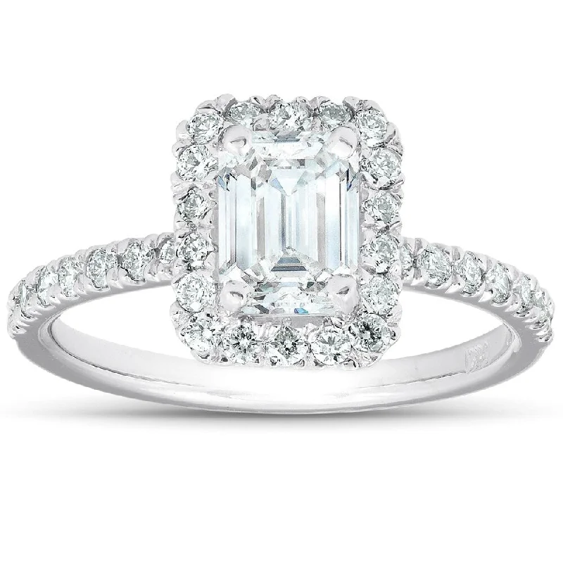 Engagement rings with pearl accents for elegance -1 1/2 Ct Emerald Cut Diamond Halo Engagement Ring 14k White Gold